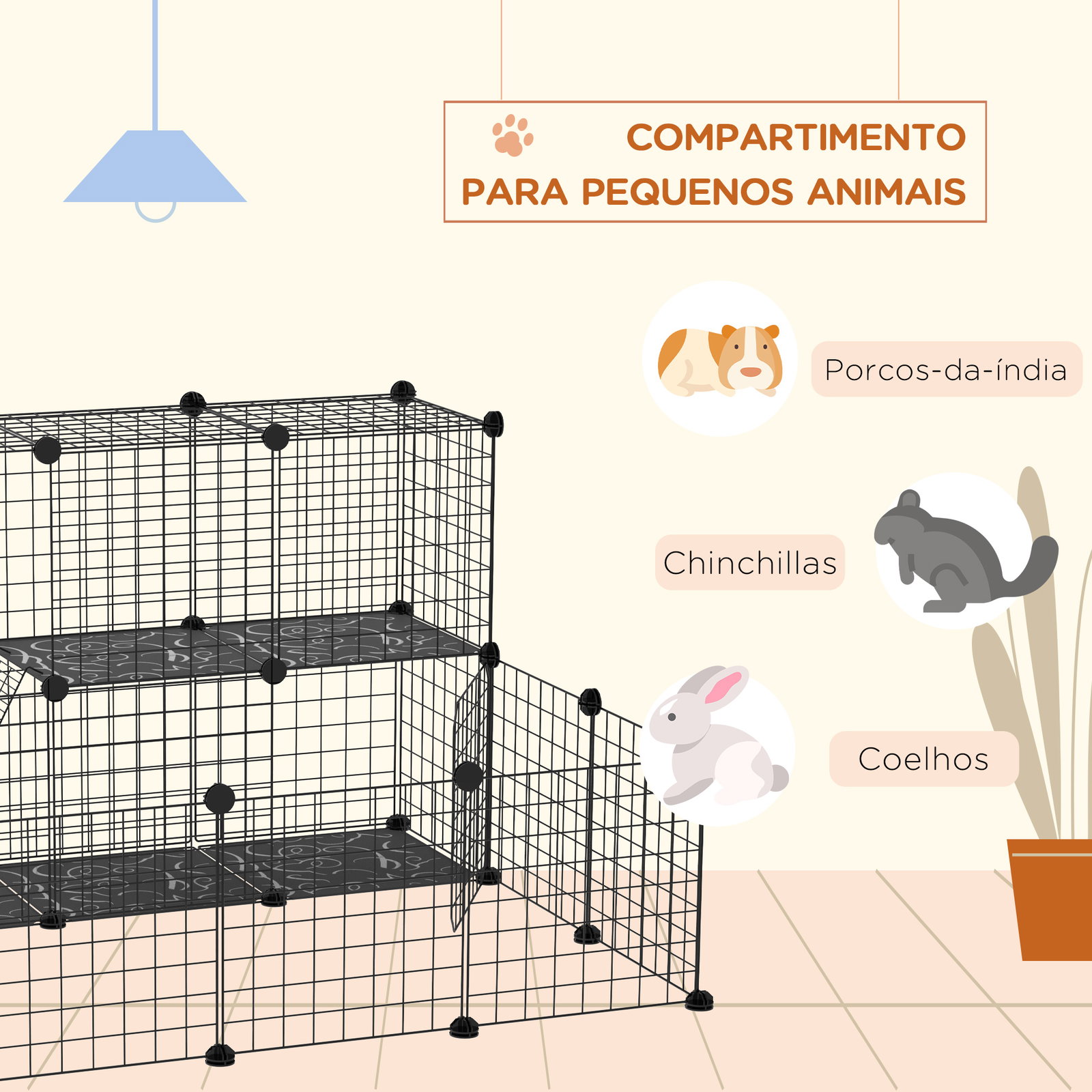 Recinto para Pequenos Animais DIY com 24 Painéis com Grade Metálica Recinto Modular para Coelhos Chinchilas 105x105x70cm