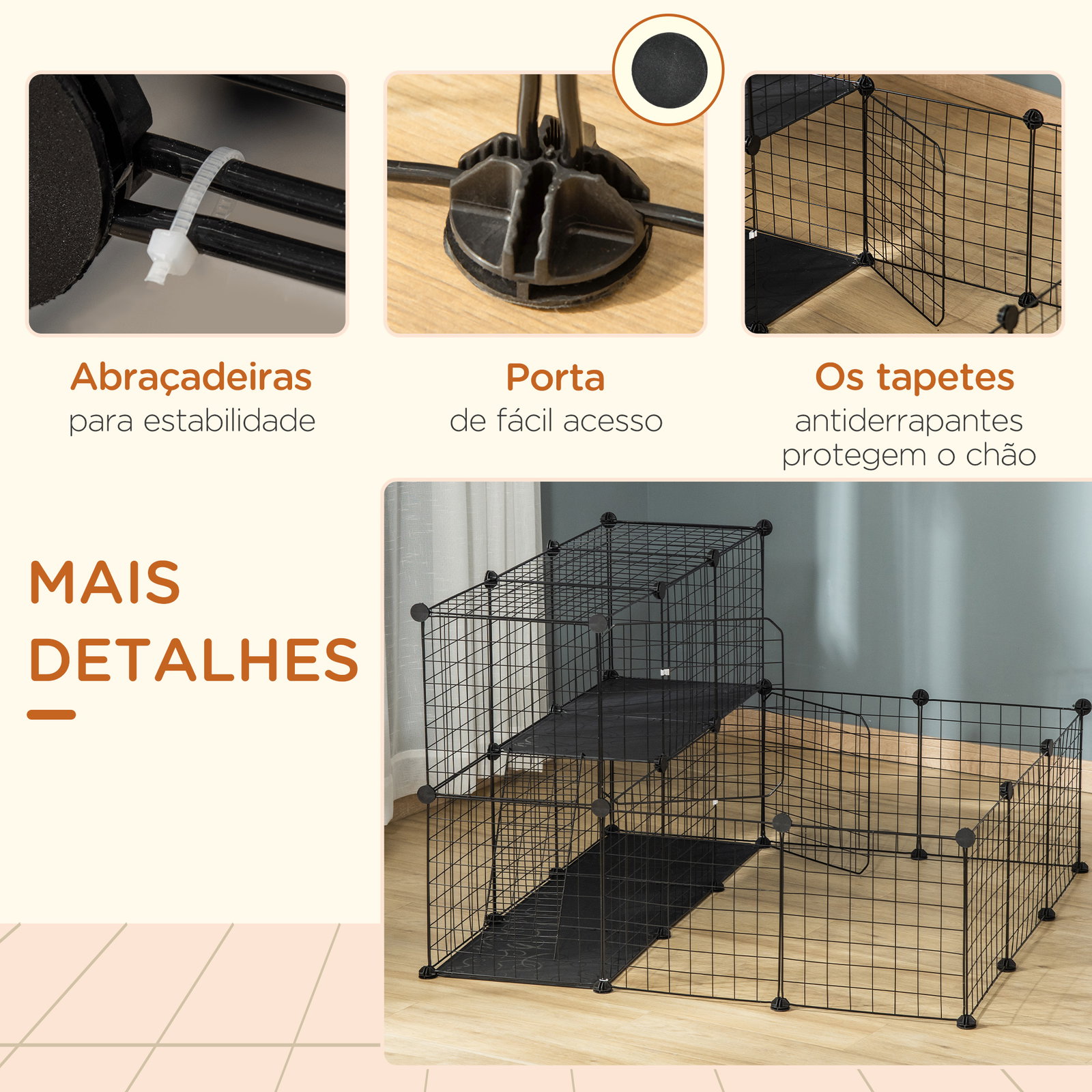 Recinto para Pequenos Animais DIY com 24 Painéis com Grade Metálica Recinto Modular para Coelhos Chinchilas 105x105x70cm