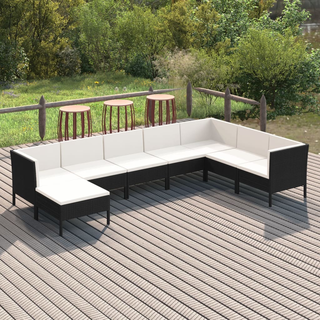 8 Pcs conjunto lounge de jardim c/ almofadões vime PE preto