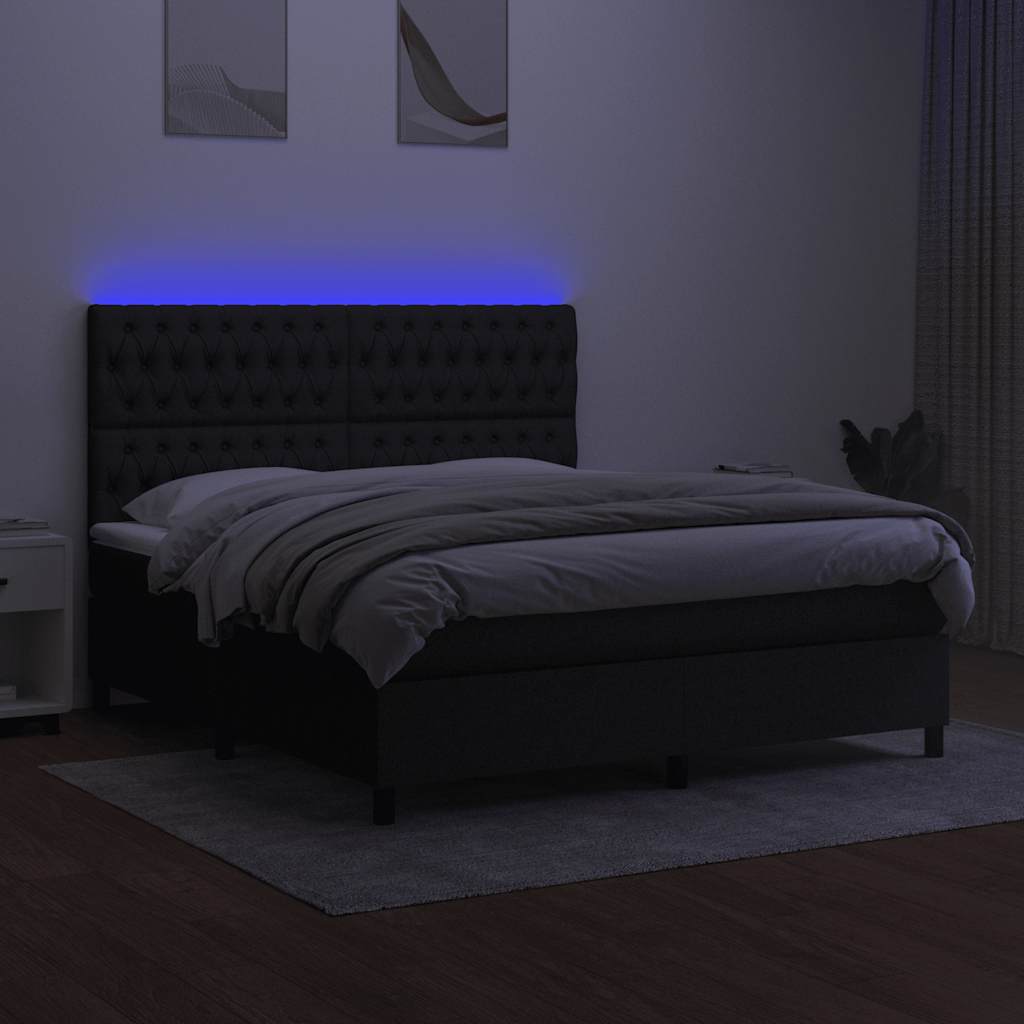 Cama box spring c/ colchão e LED 180x200 cm tecido preto
