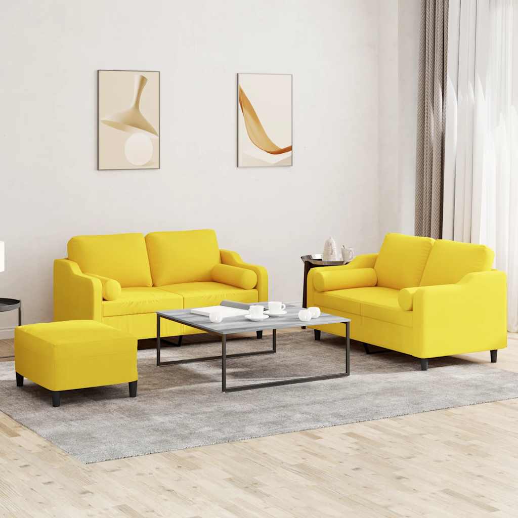 3 Pcs conjunto de sofás com almofadas tecido amarelo-claro