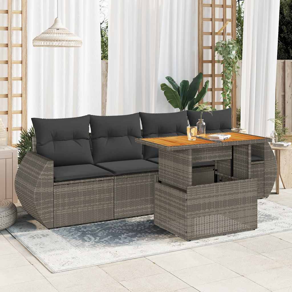 5 Pcs conjunto sofás de jardim c/ almofadões vime PE cinzento