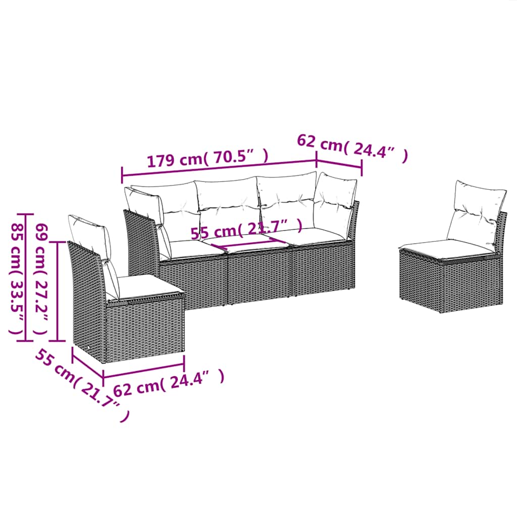 5 Pcs conjunto sofás de jardim com almofadões vime PE preto