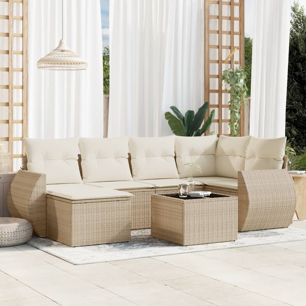 7 Pcs conjunto de sofás p/ jardim com almofadões vime PE bege