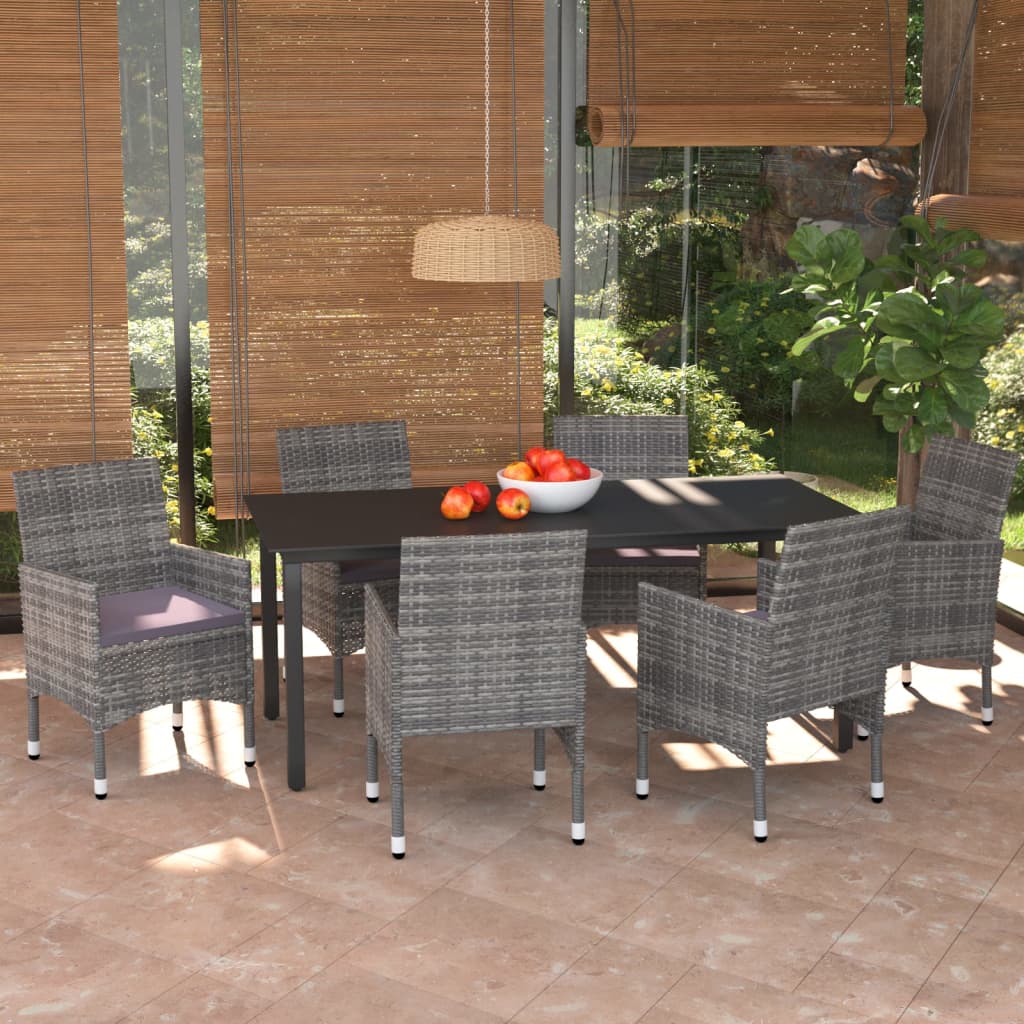 7 Pcs conjunto de jantar p/ jardim c/ almofadões vime PE cinza