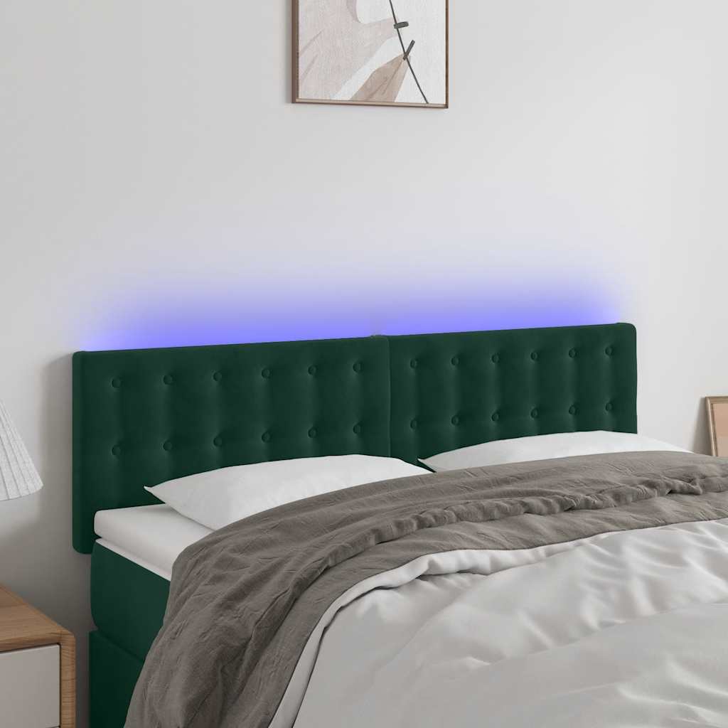 Cabeceira de cama c/luzes LED veludo 144x5x78/88cm verde-escuro