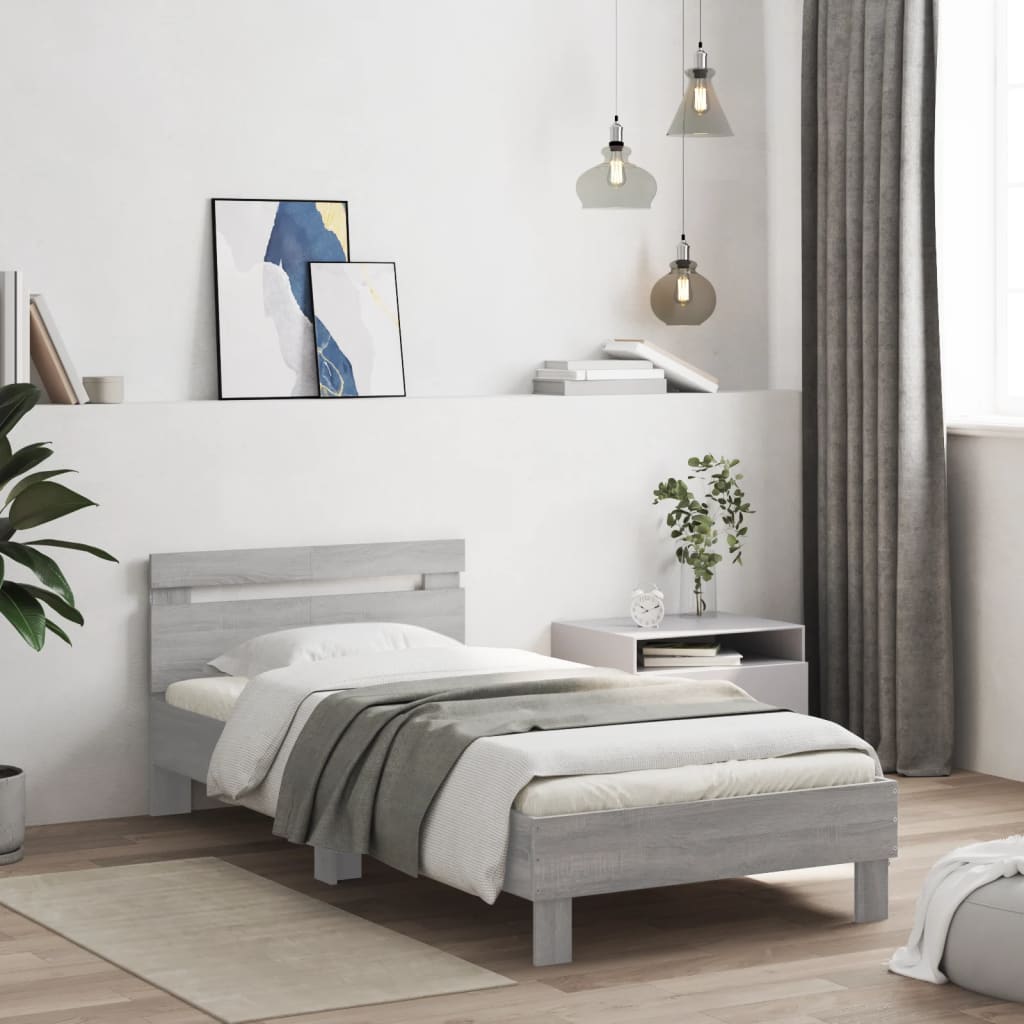 Estrutura de cama c/ cabeceira/luzes LED 100x200cm cinza sonoma