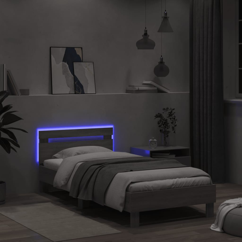 Estrutura de cama c/ cabeceira/luzes LED 100x200cm cinza sonoma