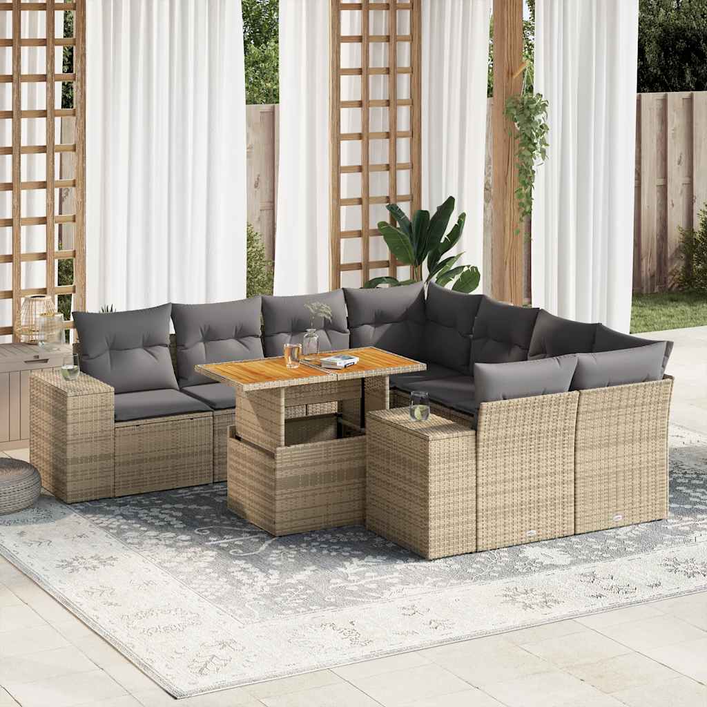 9 Pcs conjunto de sofás p/ jardim com almofadões vime PE bege