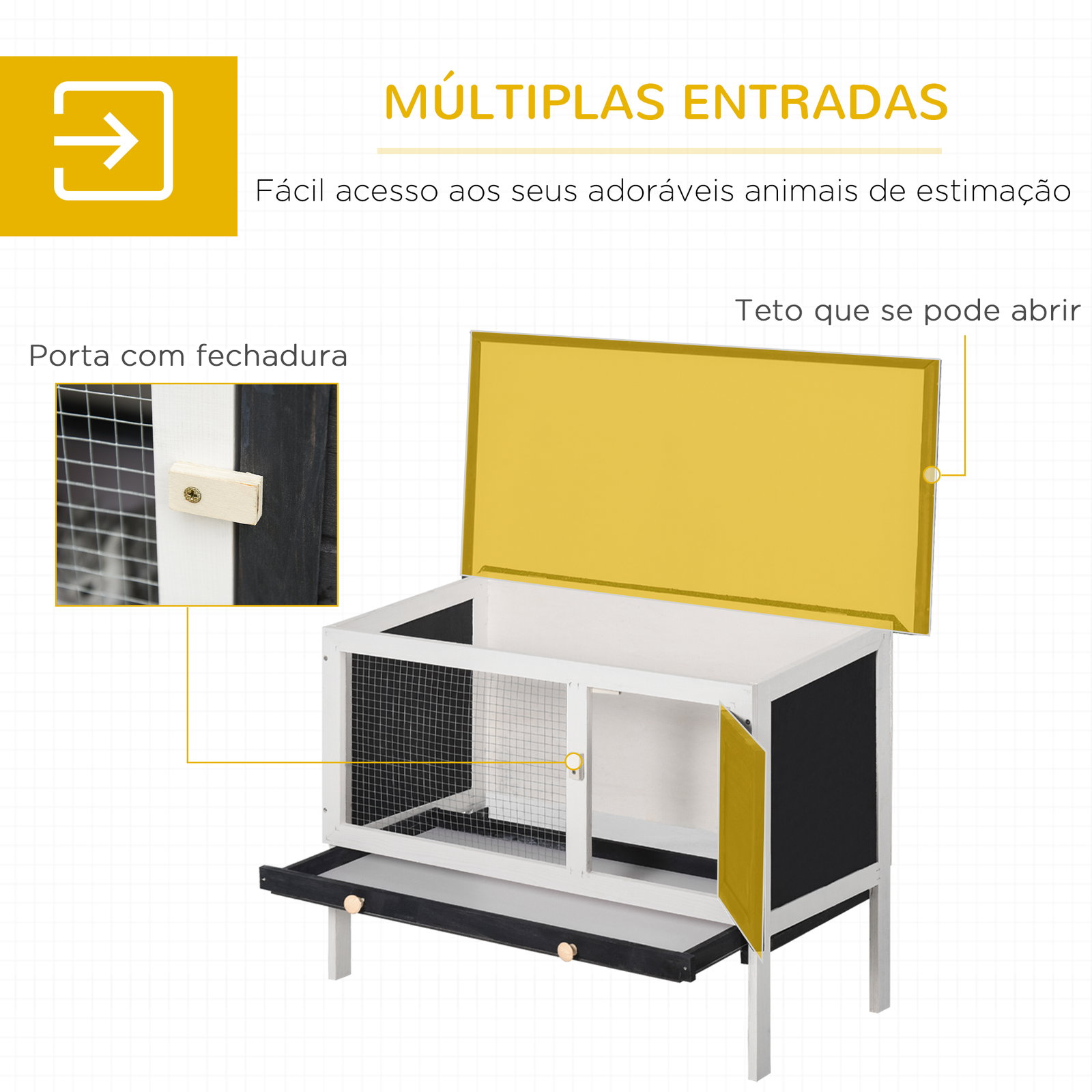 Coelheira de Madeira Gaiola Elevada para Coelhos Cobaias e Animais Pequenos com Teto Asfáltico Bandeja Removível e Porta com Tra