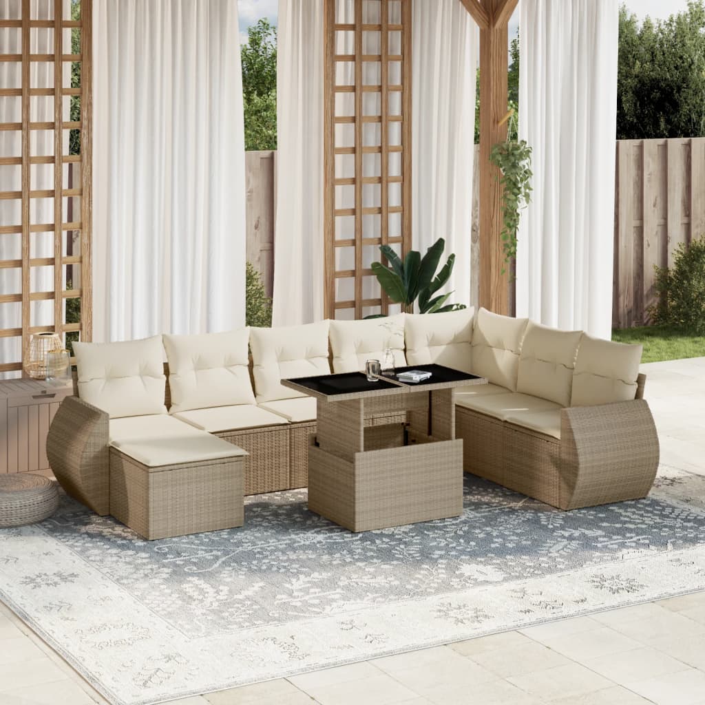 9 Pcs conjunto de sofás p/ jardim com almofadões vime PE bege