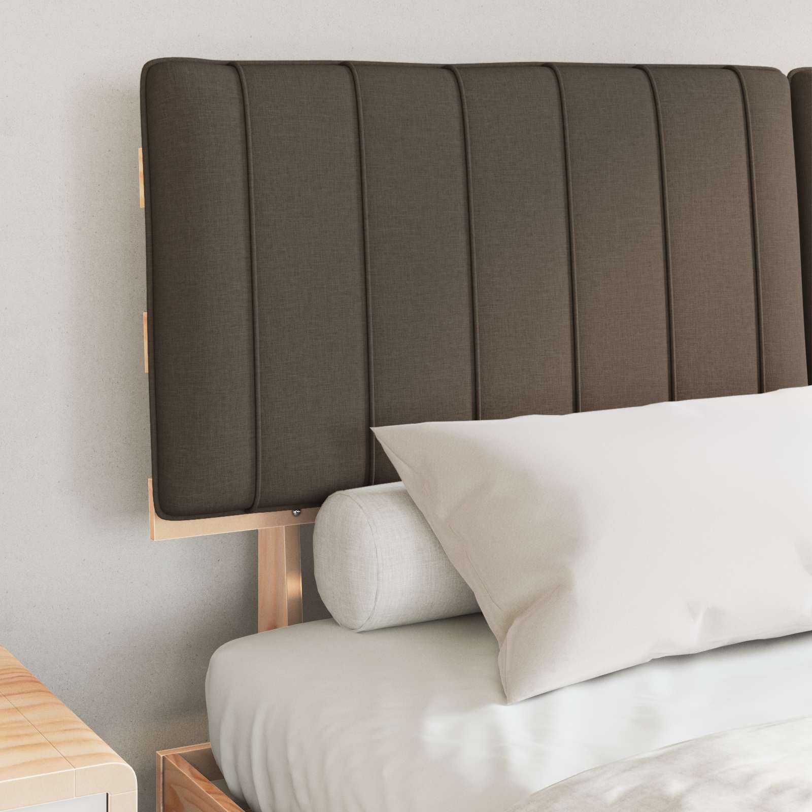 Estrutura de cama com cabeceira estofada cinzento-acastanhado