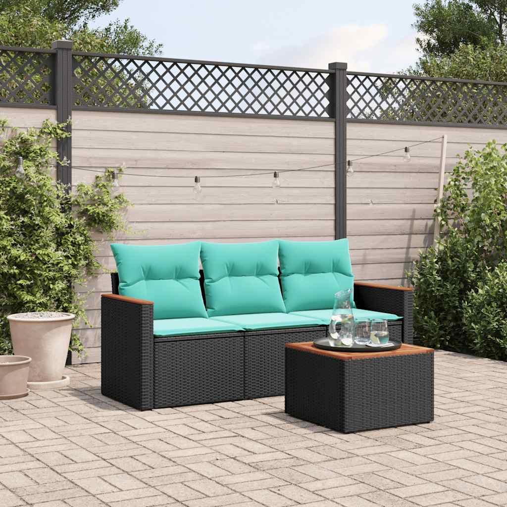 Conjunto de sofá de jardim com 4 peças e almofadas em rattan sintético preto