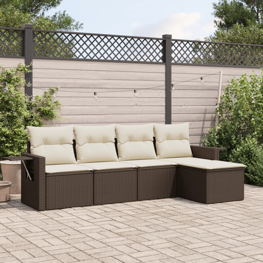 5 Pcs conjunto sofás p/ jardim c/ almofadões vime PE castanho