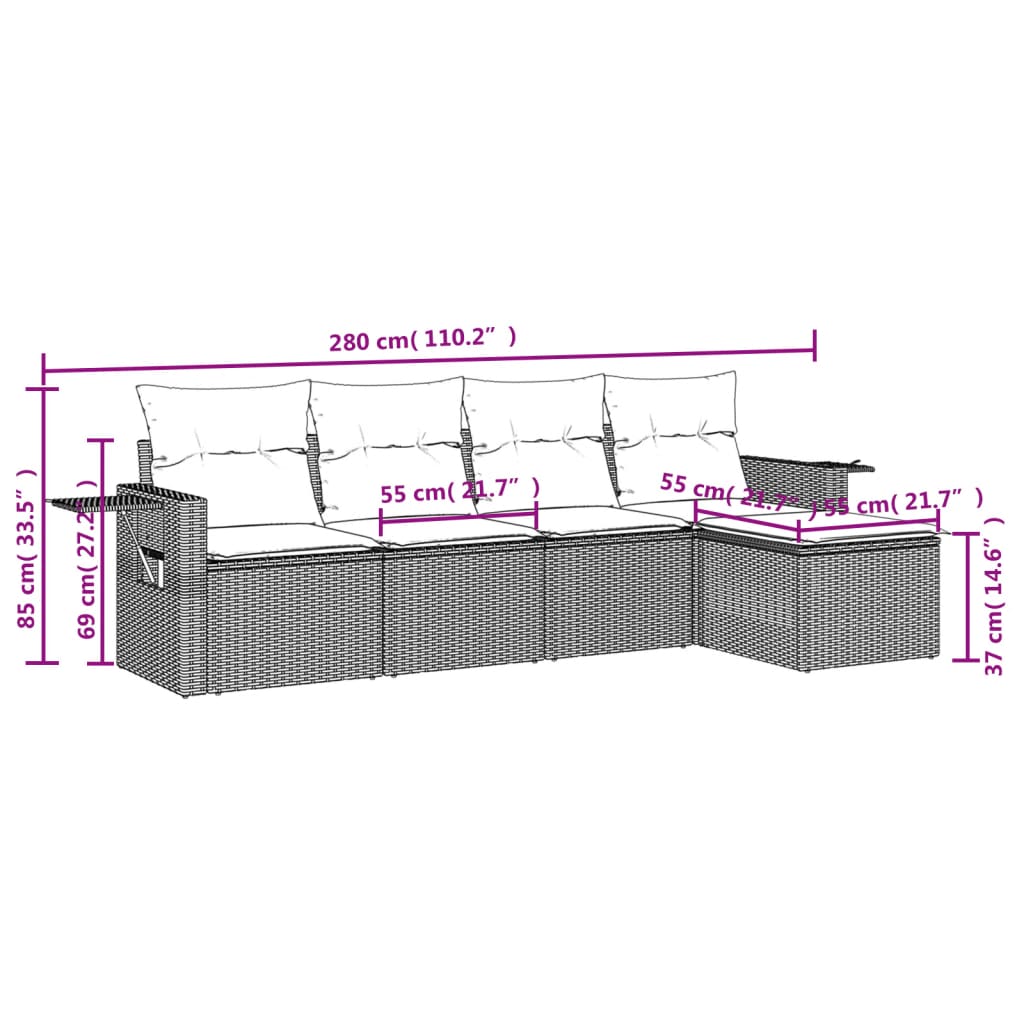 5 Pcs conjunto sofás p/ jardim c/ almofadões vime PE castanho