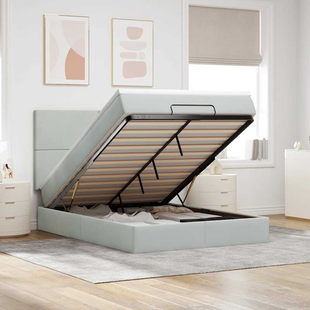 Estrutura cama otomana colchões 140x200cm veludo cinzento claro