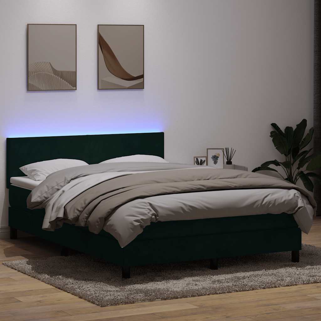 Cama box spring c/ colchão e LED 160x220 cm veludo verde-escuro