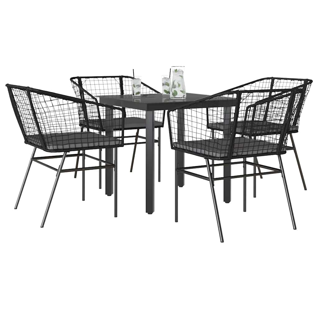 Conjunto de jantar jardim 5 peças almofadas vidro vime PE preto
