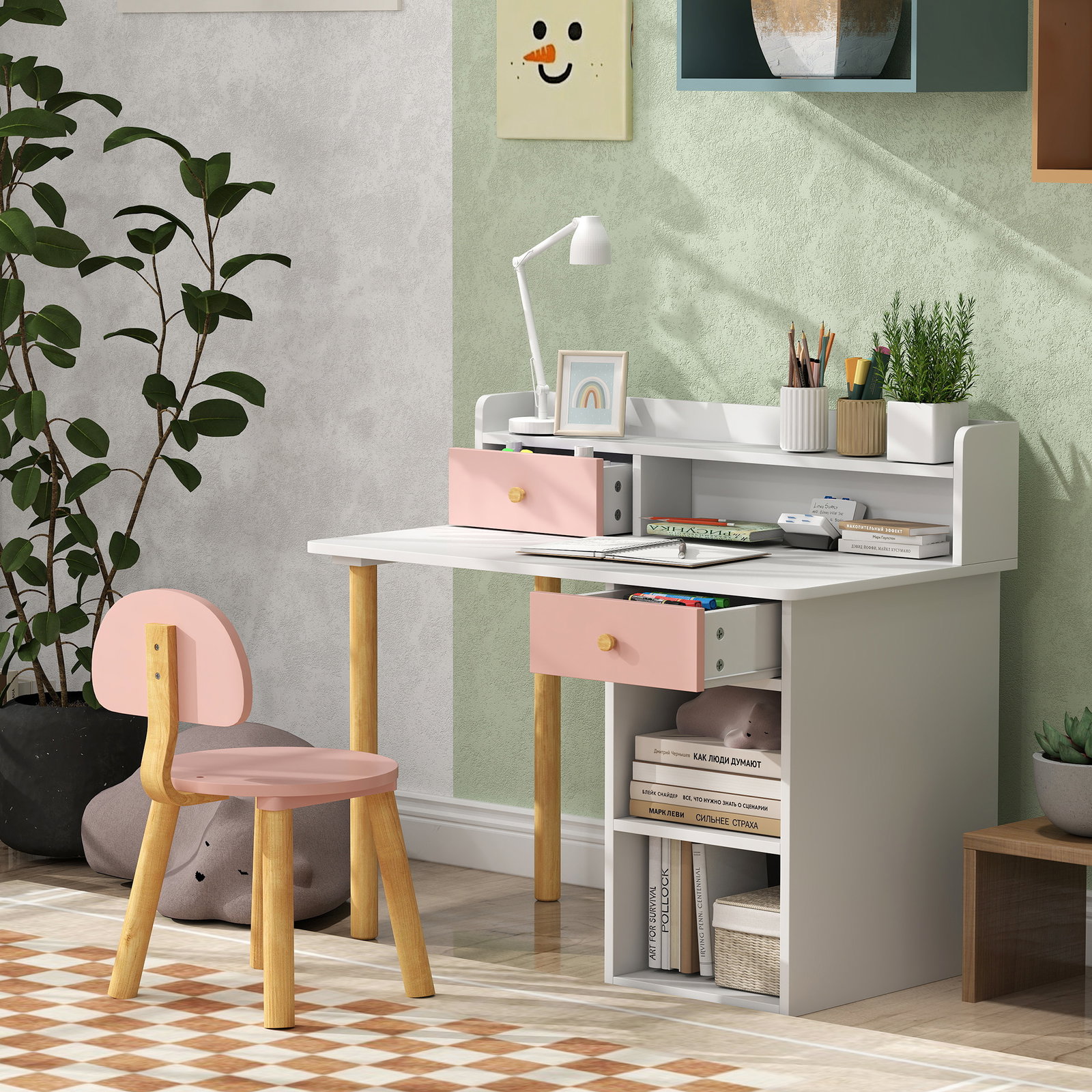 Conjunto de secretária e cadeira para crianças mesa de estudo com prateleiras e gaveta carga 80 kg 85x48x73 cm rosa