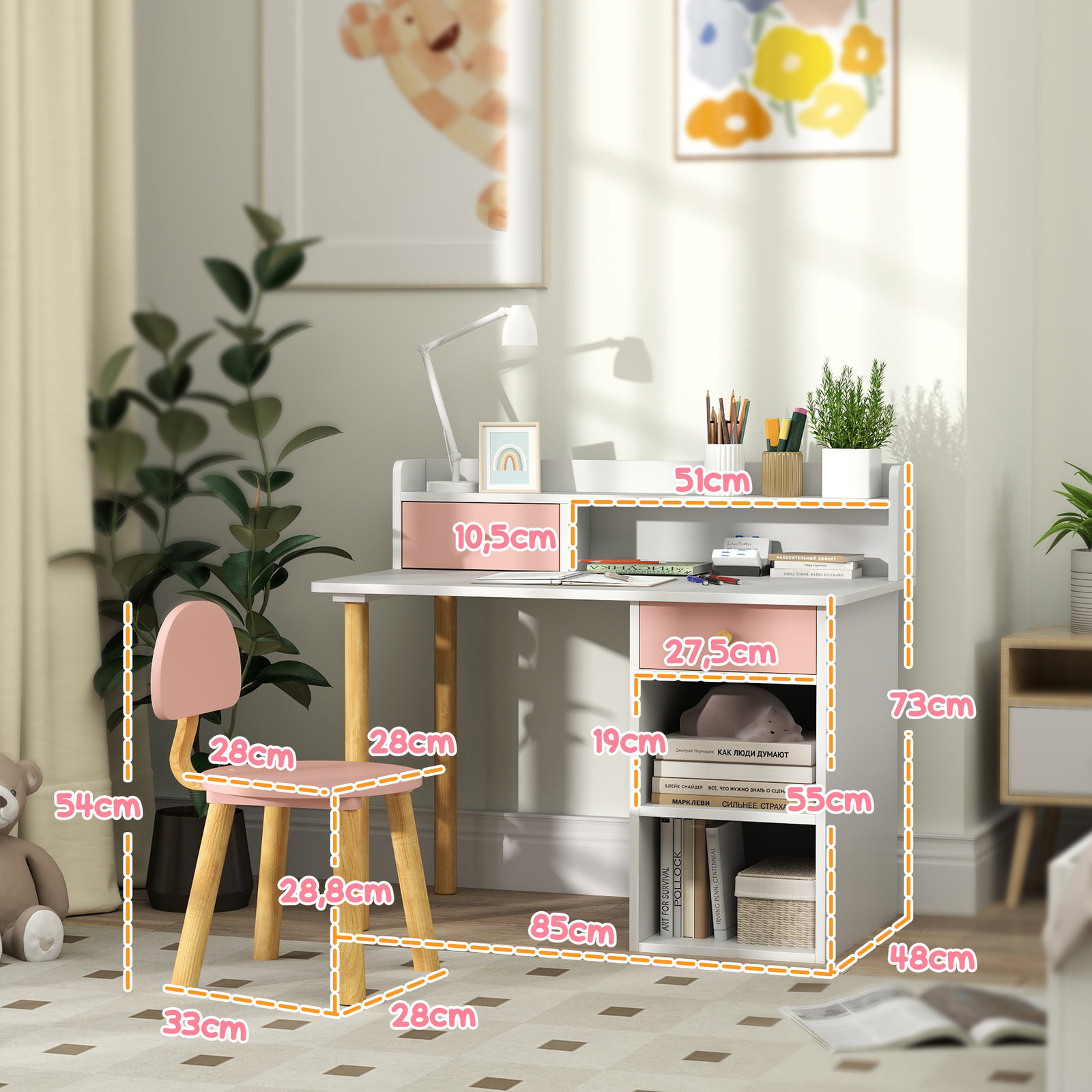Conjunto de secretária e cadeira para crianças mesa de estudo com prateleiras e gaveta carga 80 kg 85x48x73 cm rosa