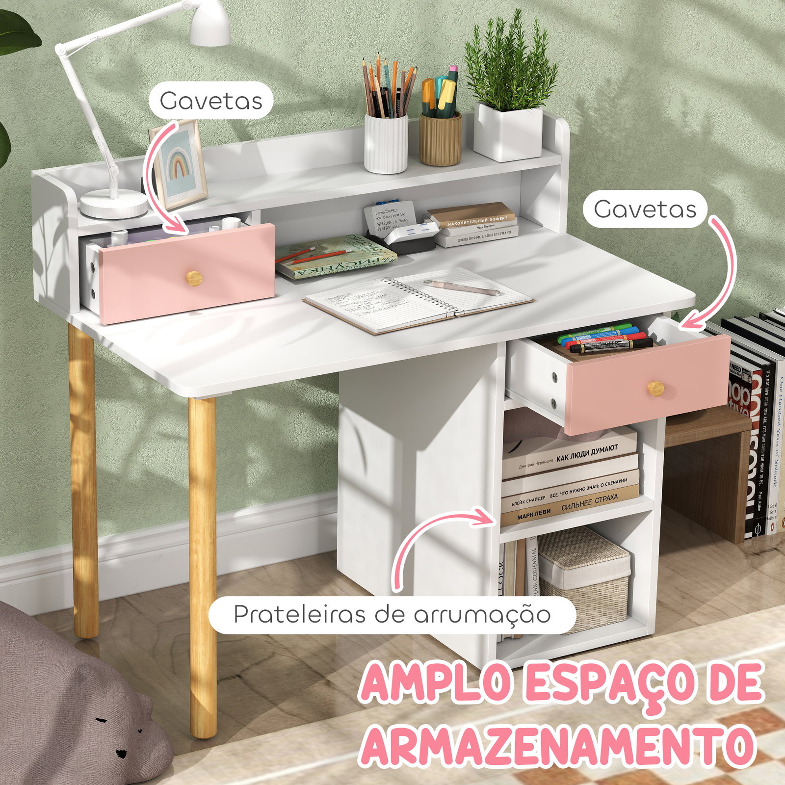 Conjunto de secretária e cadeira para crianças mesa de estudo com prateleiras e gaveta carga 80 kg 85x48x73 cm rosa