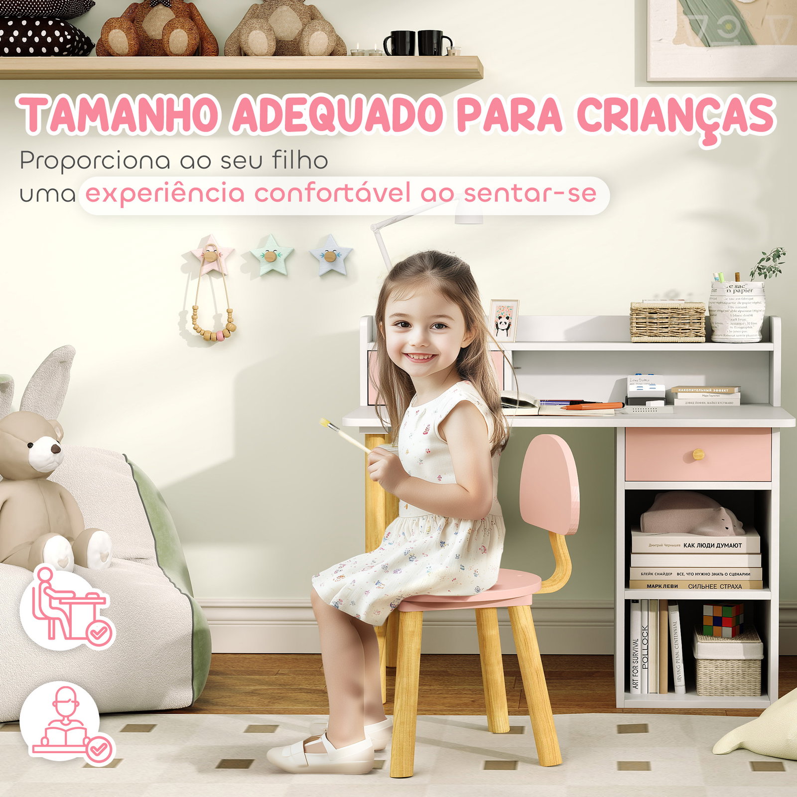 Conjunto de secretária e cadeira para crianças mesa de estudo com prateleiras e gaveta carga 80 kg 85x48x73 cm rosa