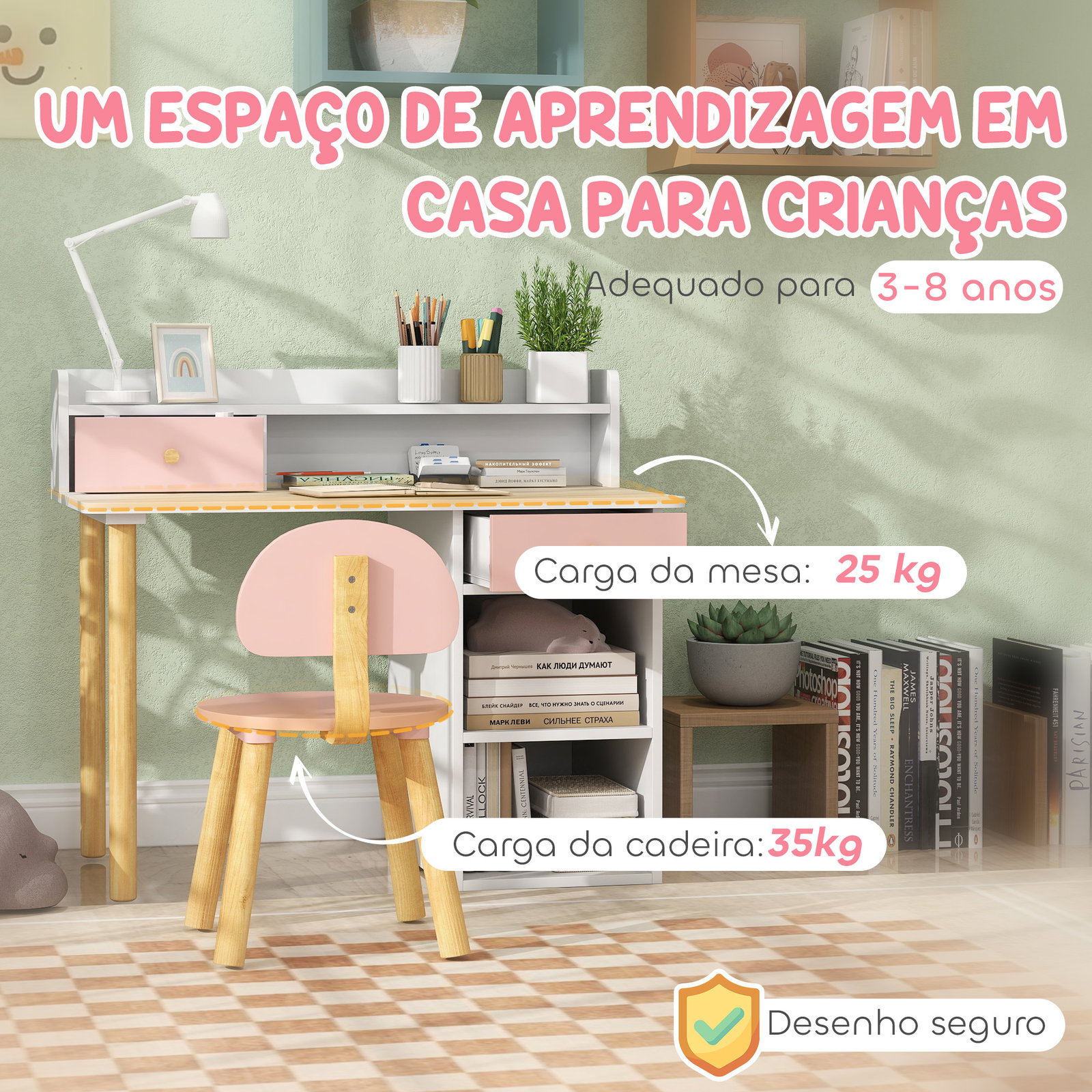 Conjunto de secretária e cadeira para crianças mesa de estudo com prateleiras e gaveta carga 80 kg 85x48x73 cm rosa