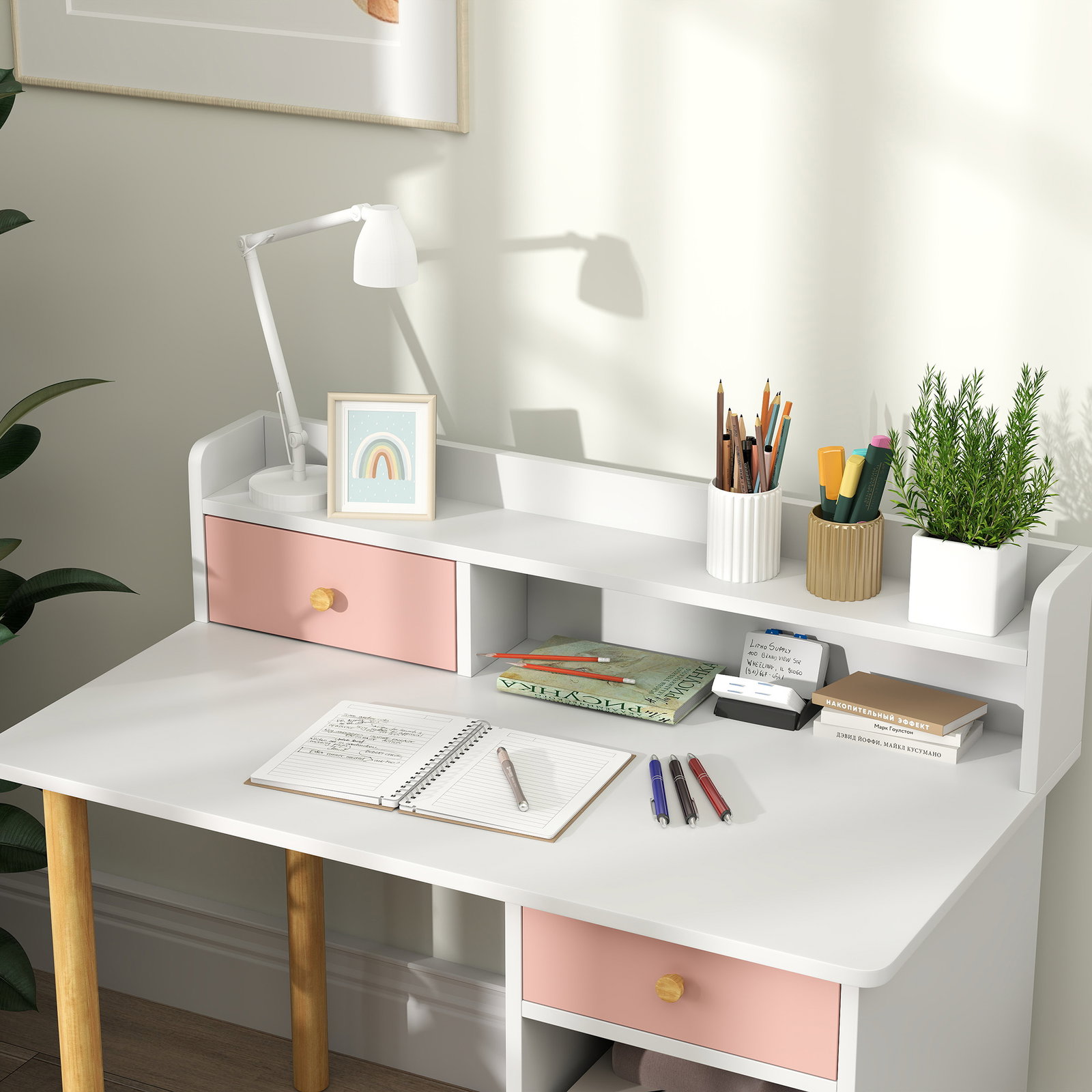 Conjunto de secretária e cadeira para crianças mesa de estudo com prateleiras e gaveta carga 80 kg 85x48x73 cm rosa