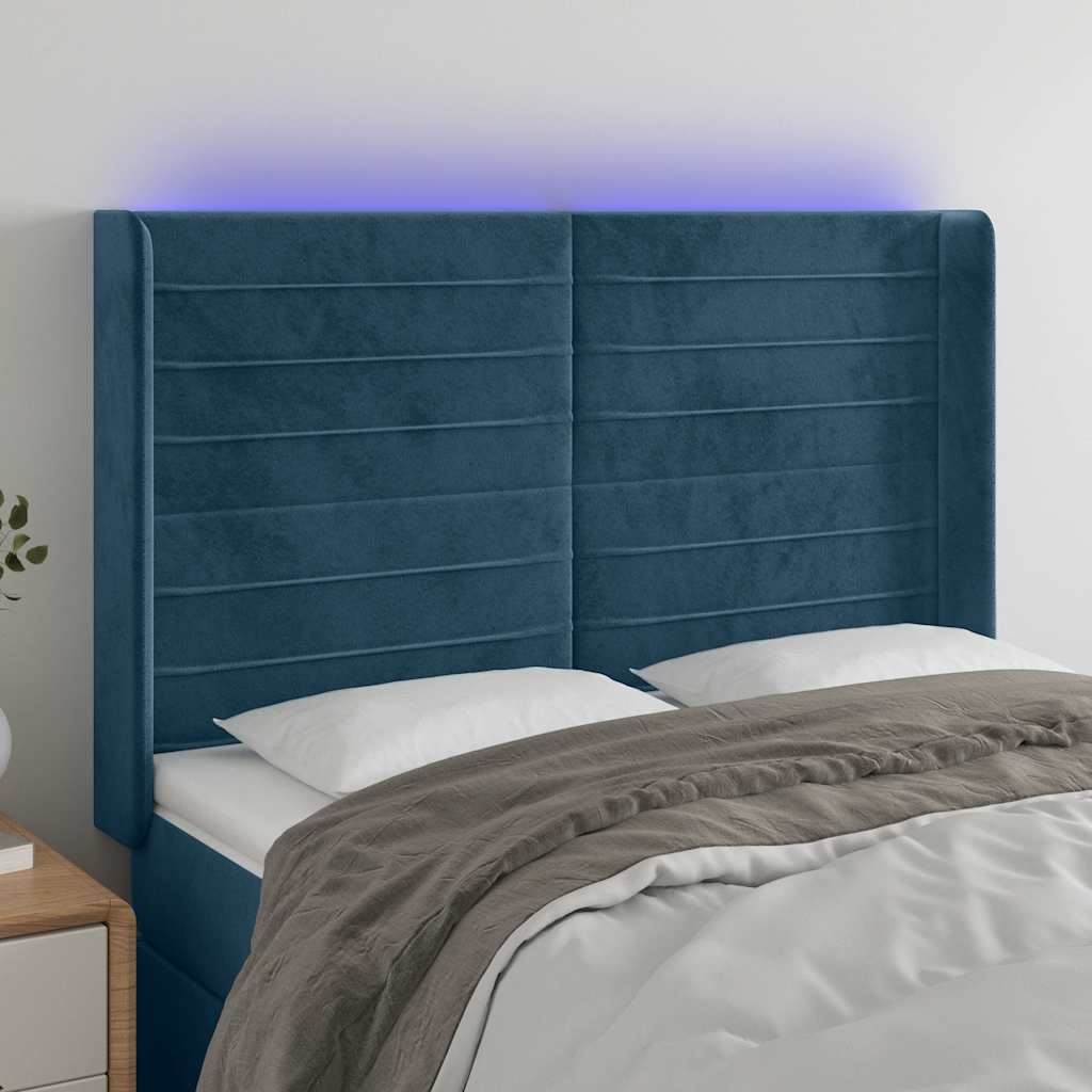 Cabeceira cama c/ luzes LED veludo 147x16x118/128cm azul-escuro