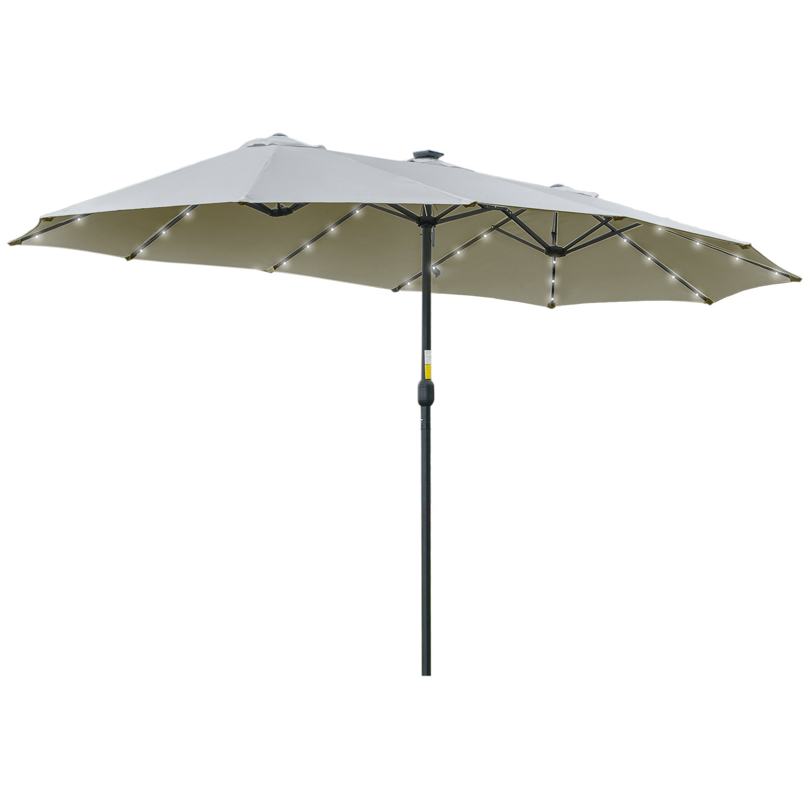 Chapéu de sol duplo de jardim com 48 luzes LED solar 450x265x240cm com manivela proteção solar para terraço cinza claro