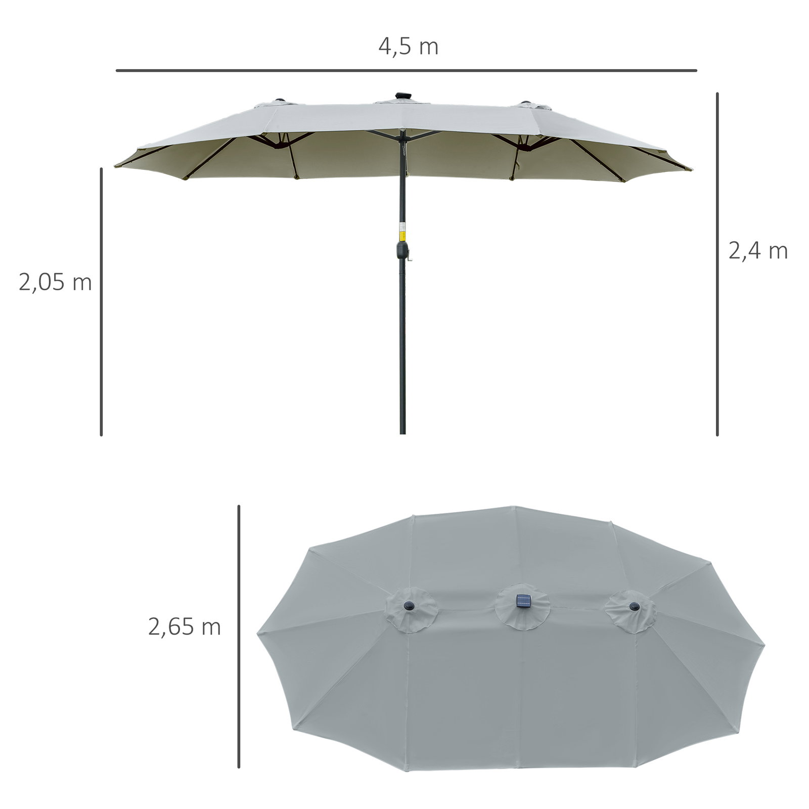 Chapéu de sol duplo de jardim com 48 luzes LED solar 450x265x240cm com manivela proteção solar para terraço cinza claro