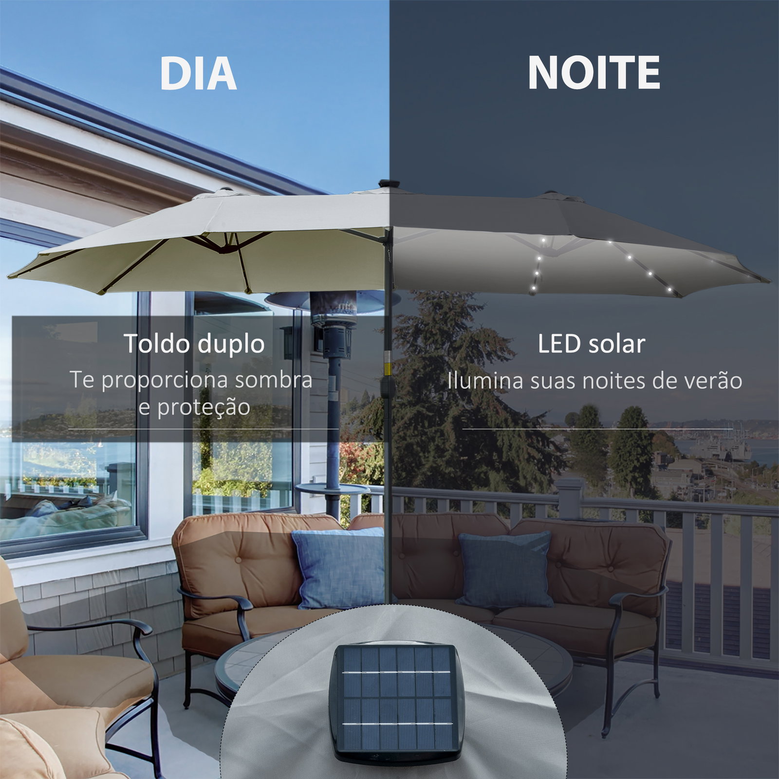 Chapéu de sol duplo de jardim com 48 luzes LED solar 450x265x240cm com manivela proteção solar para terraço cinza claro