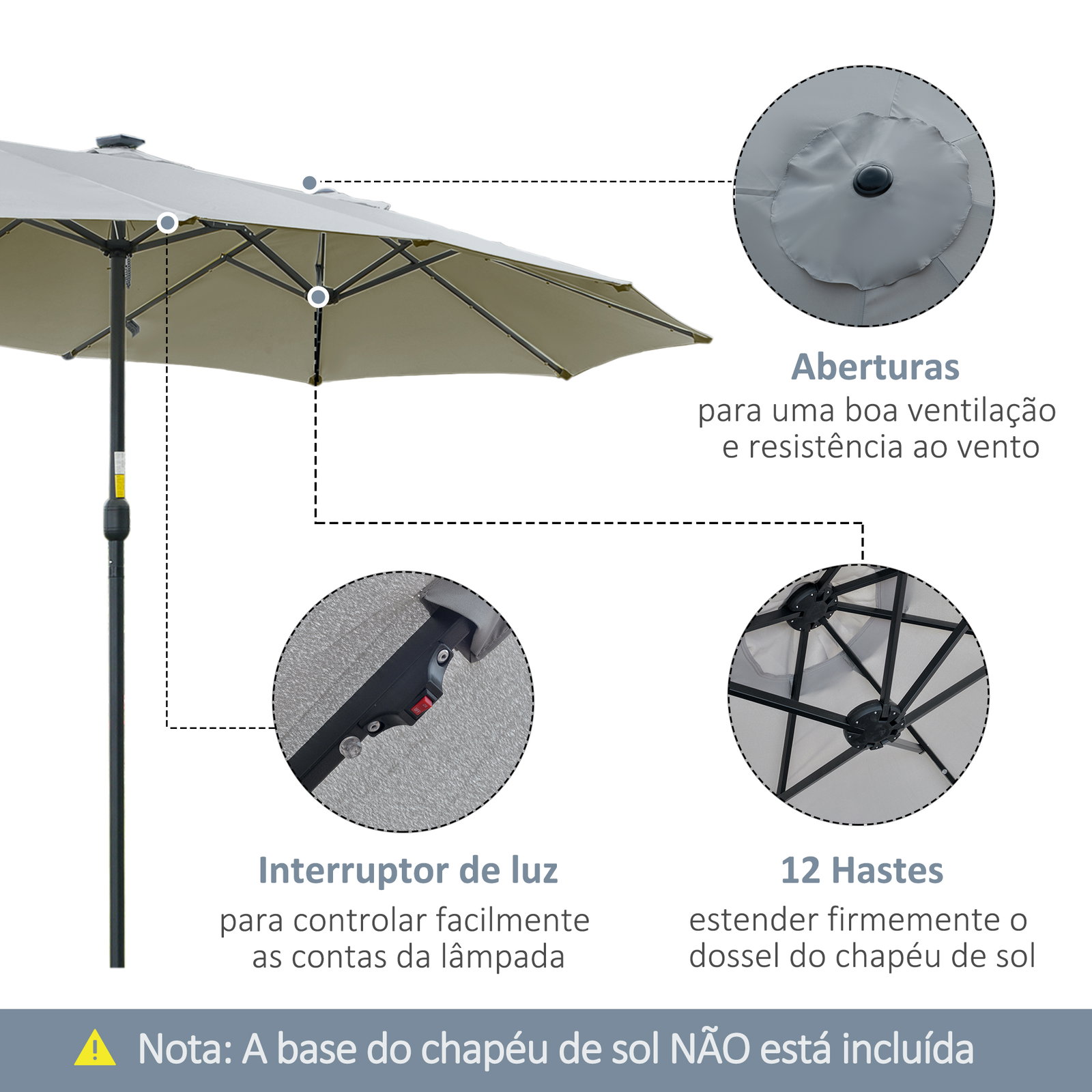 Chapéu de sol duplo de jardim com 48 luzes LED solar 450x265x240cm com manivela proteção solar para terraço cinza claro