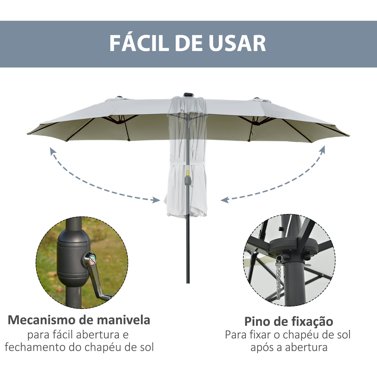 Chapéu de sol duplo de jardim com 48 luzes LED solar 450x265x240cm com manivela proteção solar para terraço cinza claro