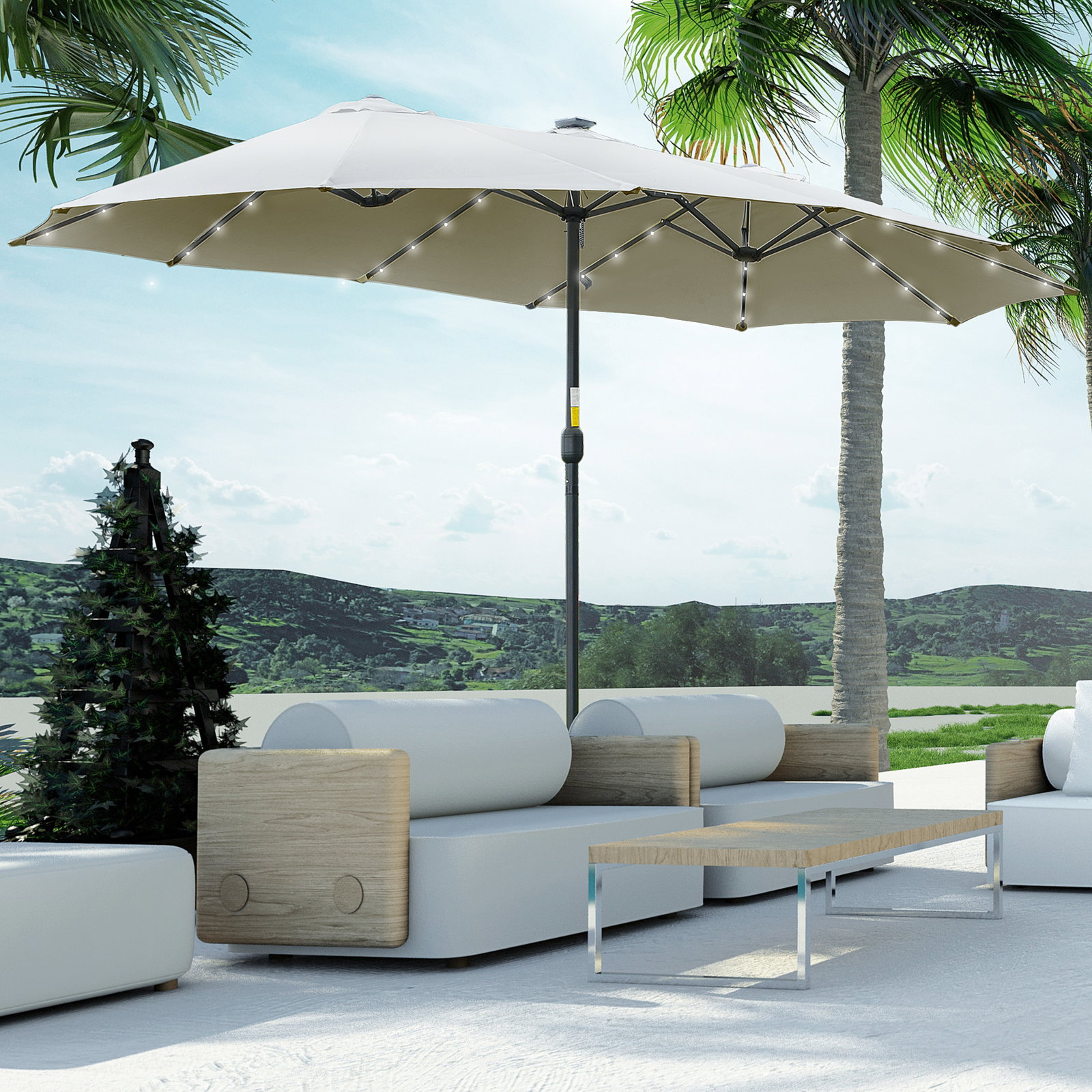 Chapéu de sol duplo de jardim com 48 luzes LED solar 450x265x240cm com manivela proteção solar para terraço cinza claro