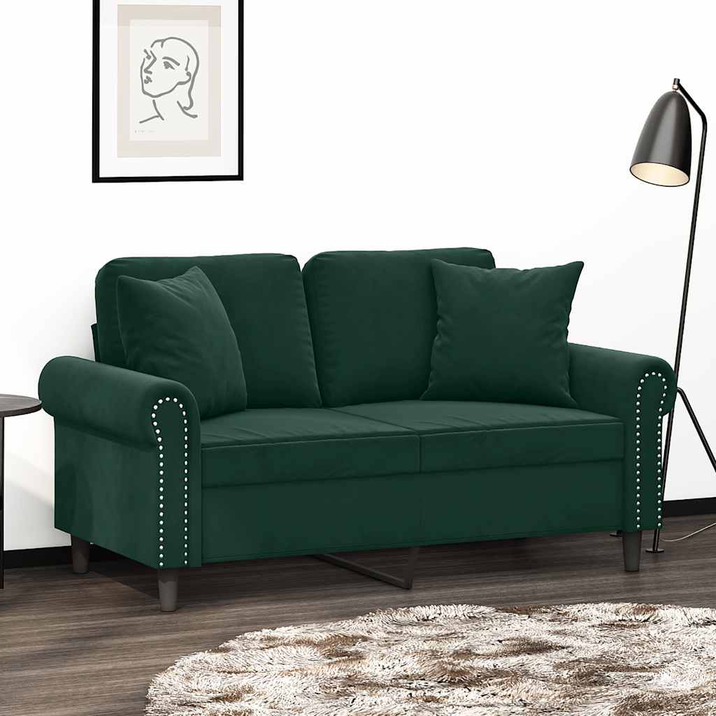 Sofá 2 lug. c/ almofadas decorativas 120 cm veludo verde-escuro