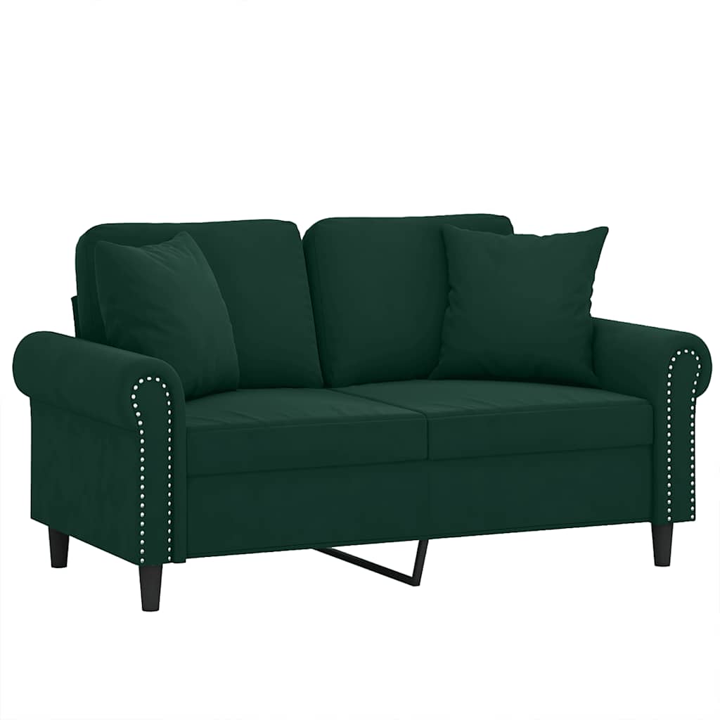 Sofá 2 lug. c/ almofadas decorativas 120 cm veludo verde-escuro