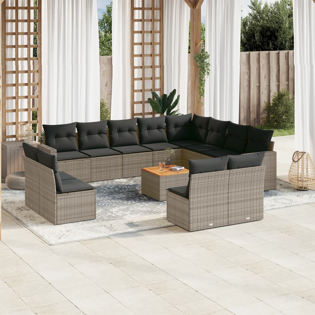 13 Pcs conjunto sofás p/ jardim c/ almofadões vime PE cinzento
