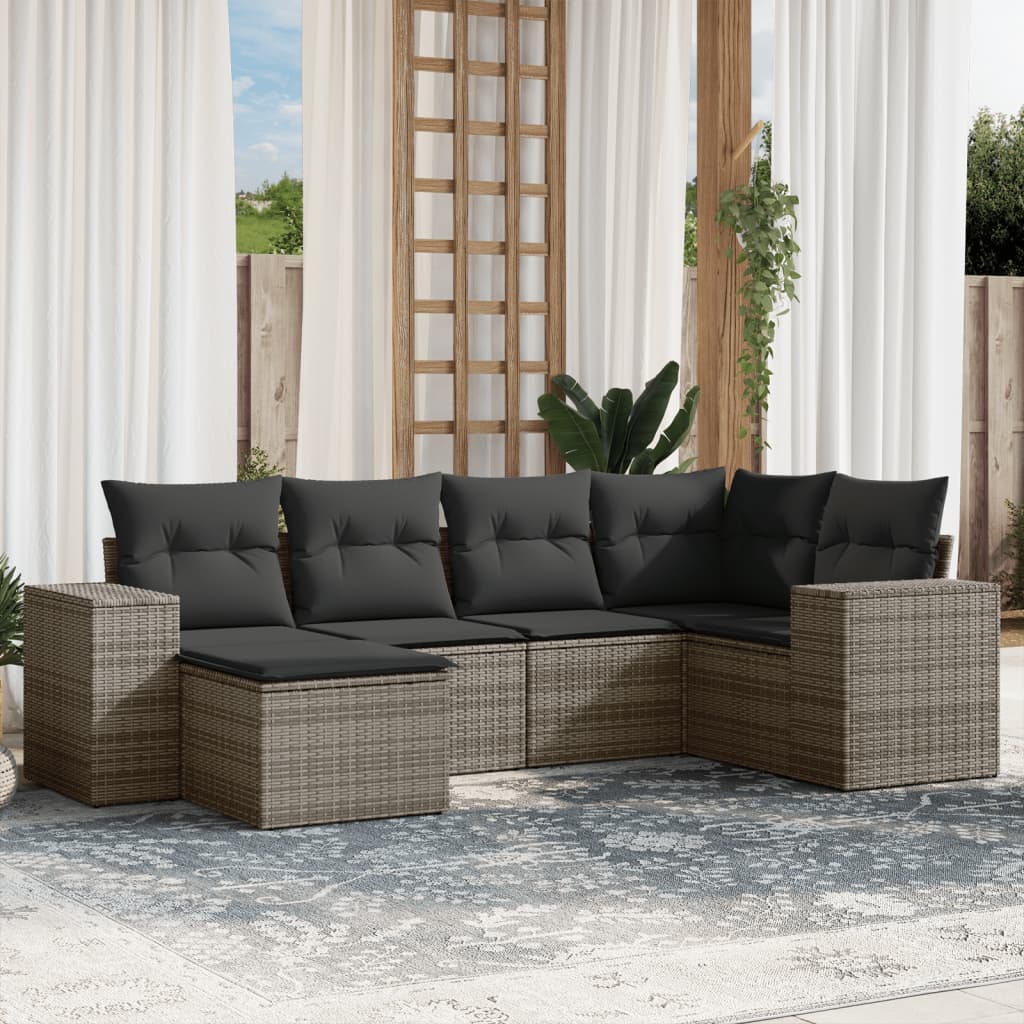 6 Pcs conjunto sofás de jardim com almofadões vime cinzento