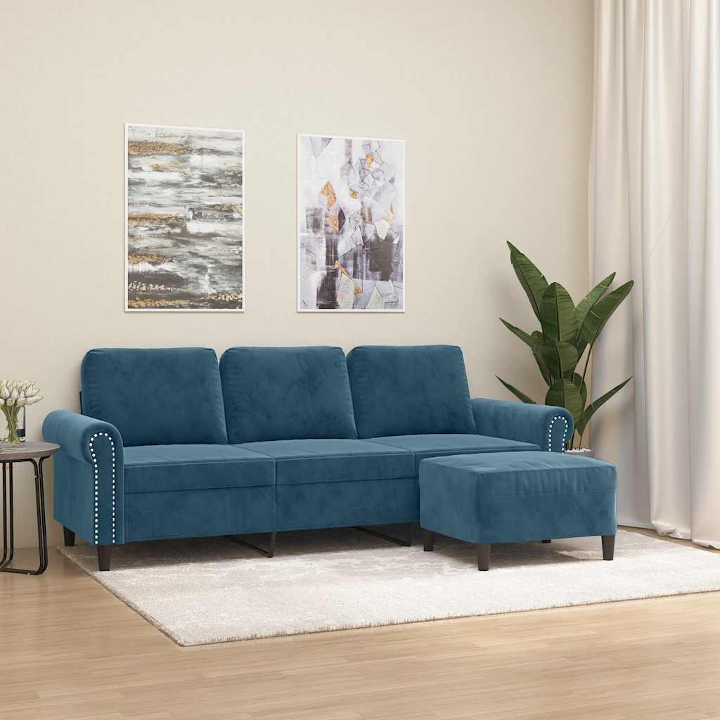 Sofá de 3 lugares com apoio de pés 180 cm veludo azul