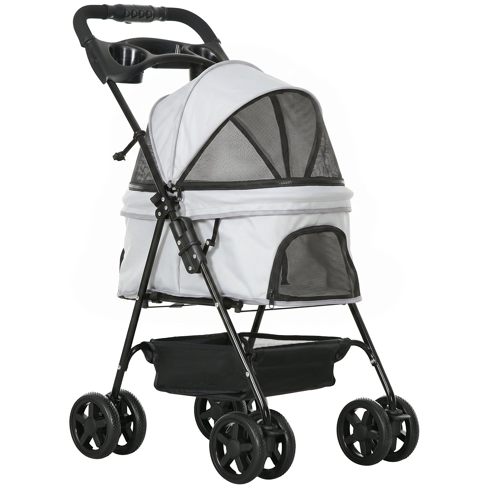 Carrinho para cães pequenos com 4 rodas travão cesto capota correias de segurança e janelas 67x45x96 cm cinzento claro