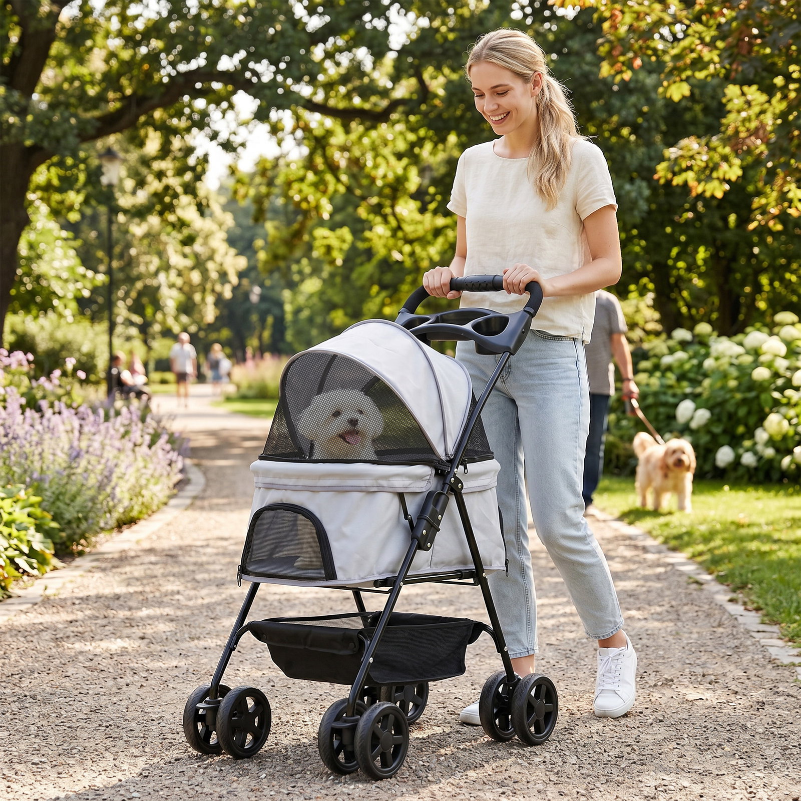 Carrinho para cães pequenos com 4 rodas travão cesto capota correias de segurança e janelas 67x45x96 cm cinzento claro