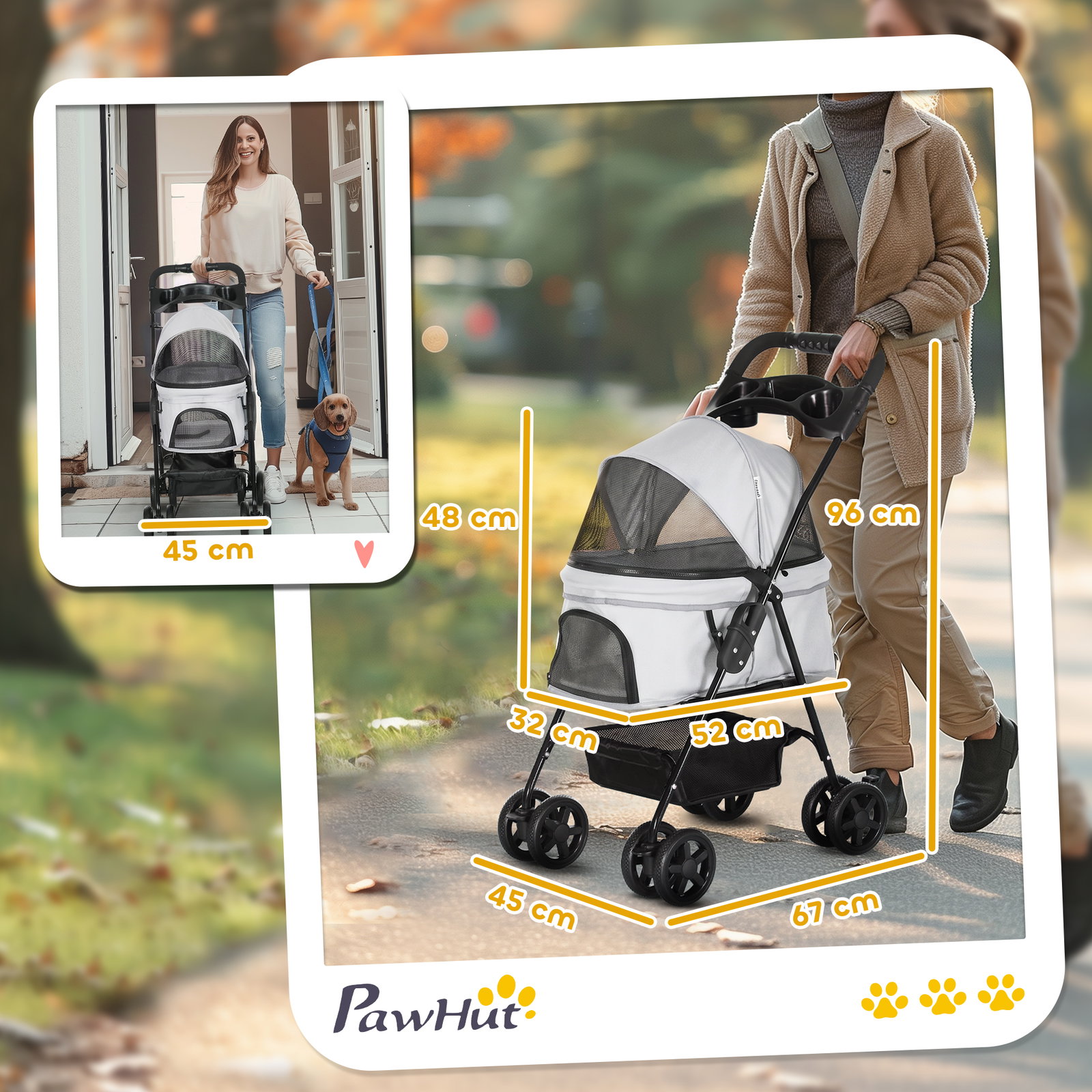 Carrinho para cães pequenos com 4 rodas travão cesto capota correias de segurança e janelas 67x45x96 cm cinzento claro