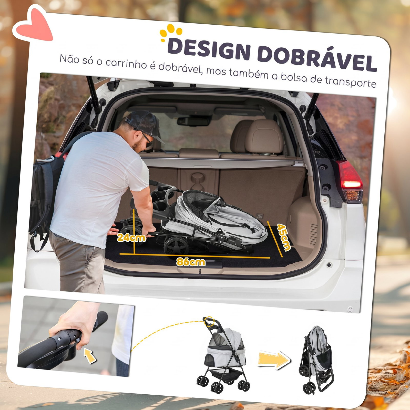 Carrinho para cães pequenos com 4 rodas travão cesto capota correias de segurança e janelas 67x45x96 cm cinzento claro
