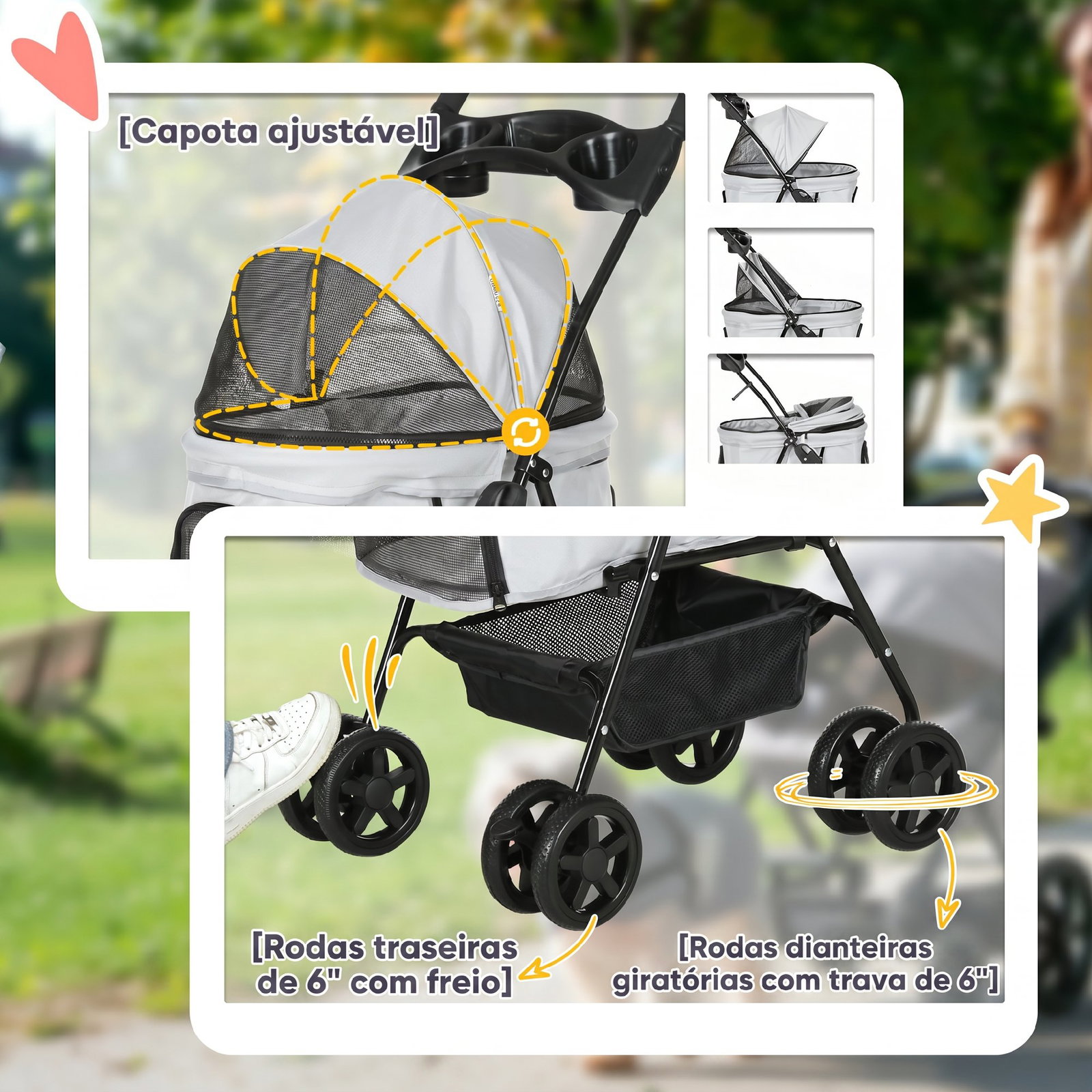 Carrinho para cães pequenos com 4 rodas travão cesto capota correias de segurança e janelas 67x45x96 cm cinzento claro