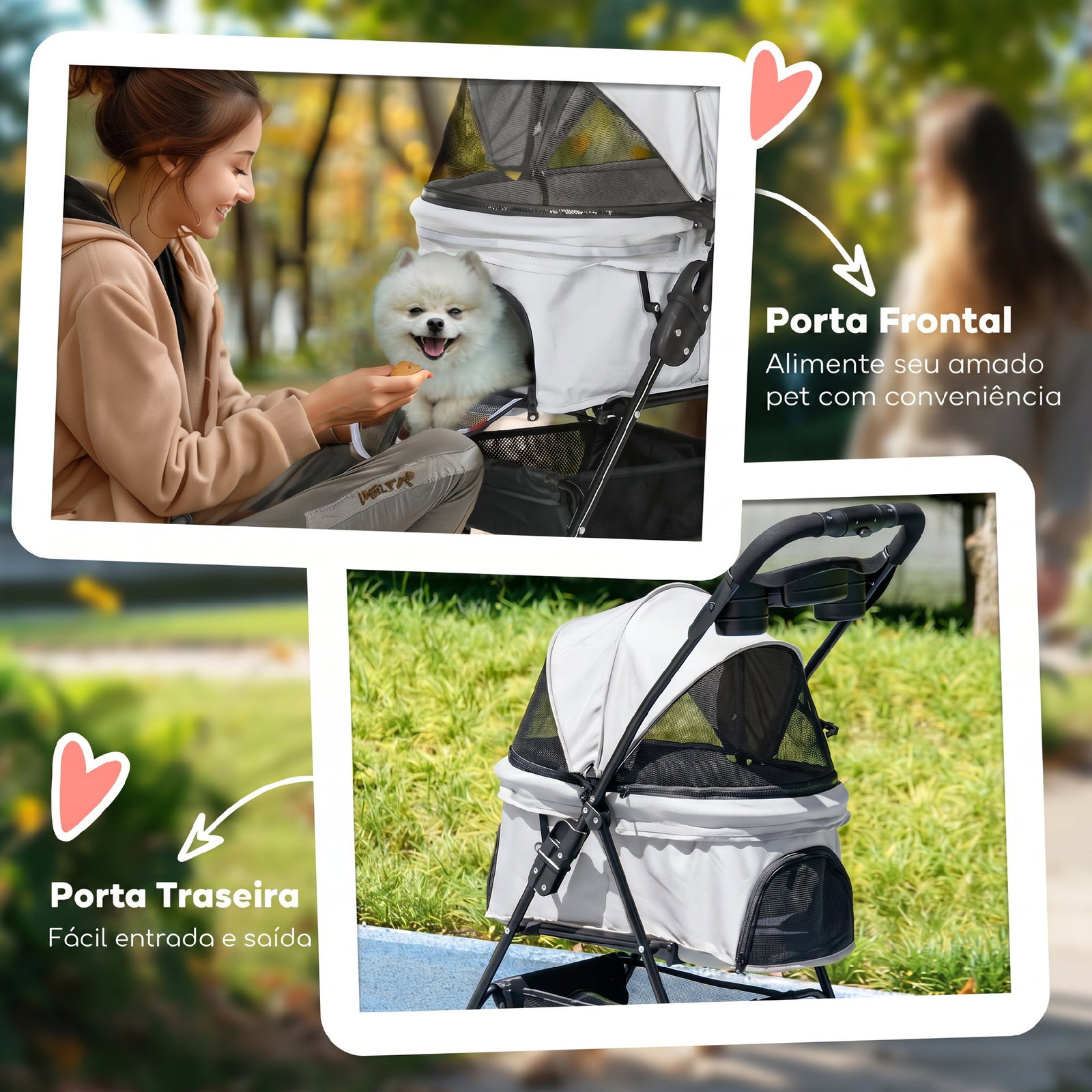 Carrinho para cães pequenos com 4 rodas travão cesto capota correias de segurança e janelas 67x45x96 cm cinzento claro