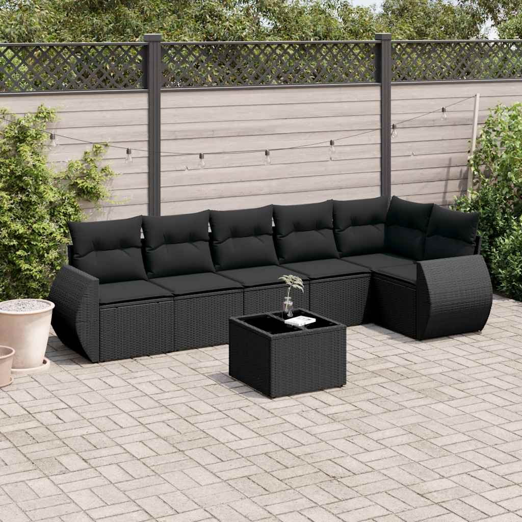 7 Pcs conjunto de sofás p/ jardim c/ almofadões vime PE preto