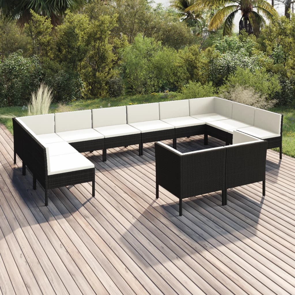 12 Pcs conjunto lounge de jardim c/ almofadões vime PE preto