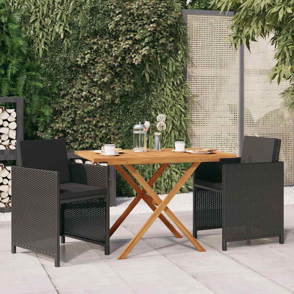 3 Pcs conjunto de jantar para jardim com almofadões preto