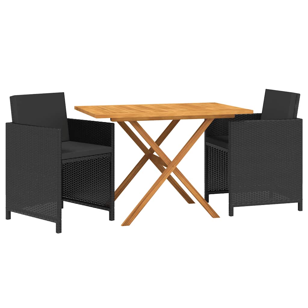 3 Pcs conjunto de jantar para jardim com almofadões preto